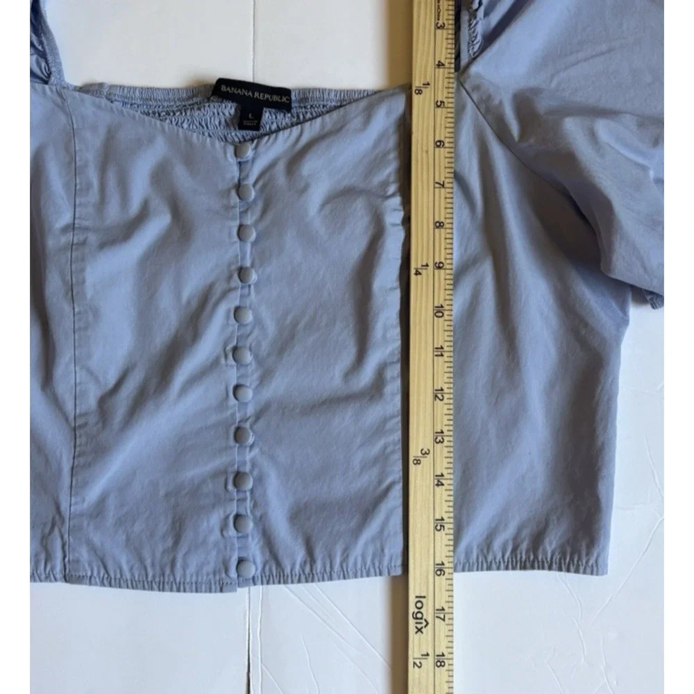 Banana Republic Periwinkle Smocked Crop Top L 100% Cotton Puff Sleeve, Romantic